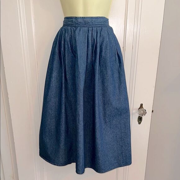 Vintage 80s Sasson Classic Blue Denim Full Midi Skirt - Picture 1 of 8